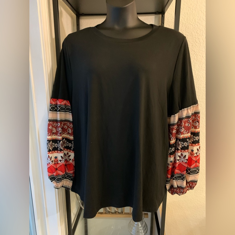 NWOT Black Round Neck Top Geometric Patterned Sleeves Boho Vibe Shirt Blouse